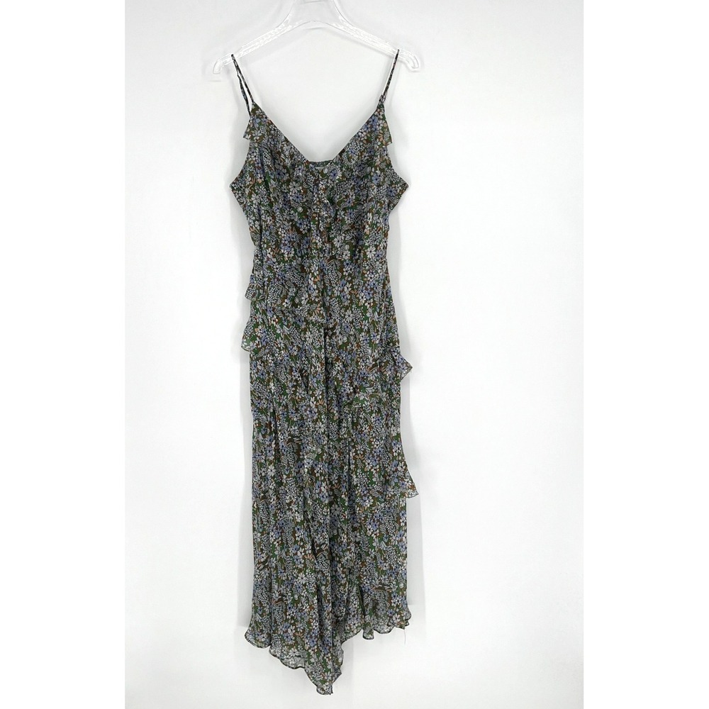 Veronica Beard Dress Womens 14 Green Floral Ruffle Tiered Avenel Silk Slit